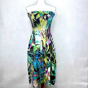 Cache Strapless 100% Silk Midi Dress Womens Small Multicolor Tropical Smocked